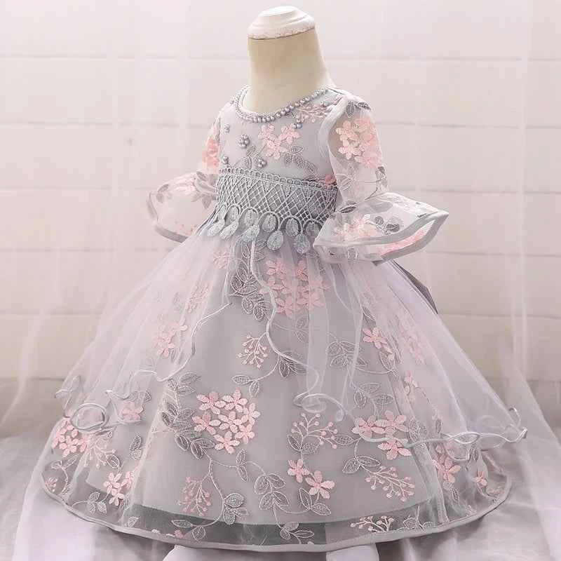 Long Sleeve Flower Baby Girls Dresses Newborn Pink 1st Birthday Tulle Princess Dress For Girl Bridesmaid Wedding Summer Clothing