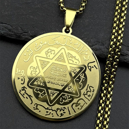 Muslim Arabic Quran Hexagram Round Medal Pendant Necklace for Women Men Stainless Steel Gold Color Islamic Amulet Chain Jewelry - AMULET RING STORE