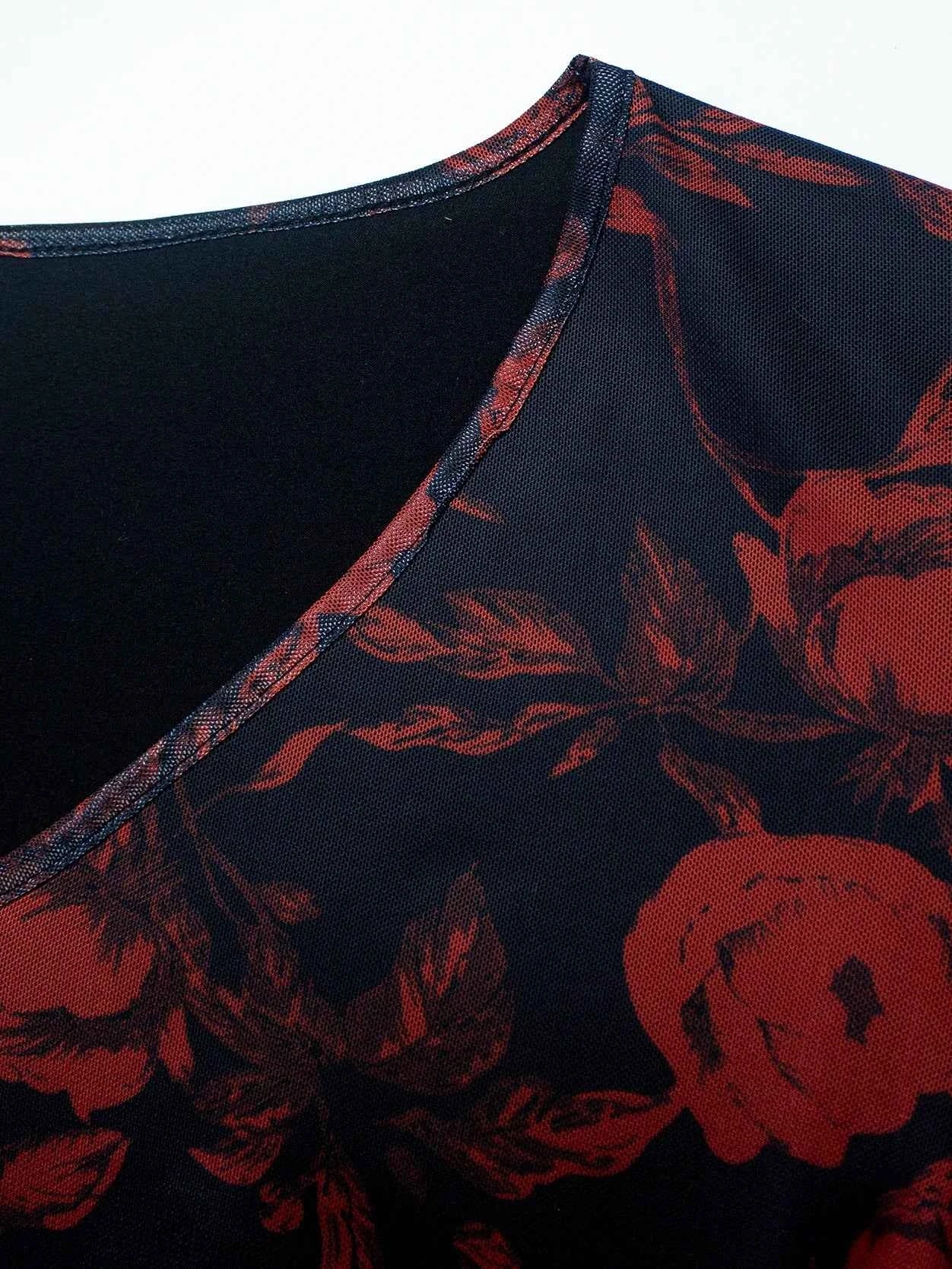 Boho Floral Print Maxi Dress - Layered Mesh V-Neck Plus Size Women's Dress