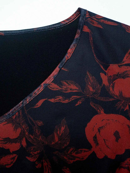 Boho Floral Print Maxi Dress - Layered Mesh V-Neck Plus Size Women's Dress