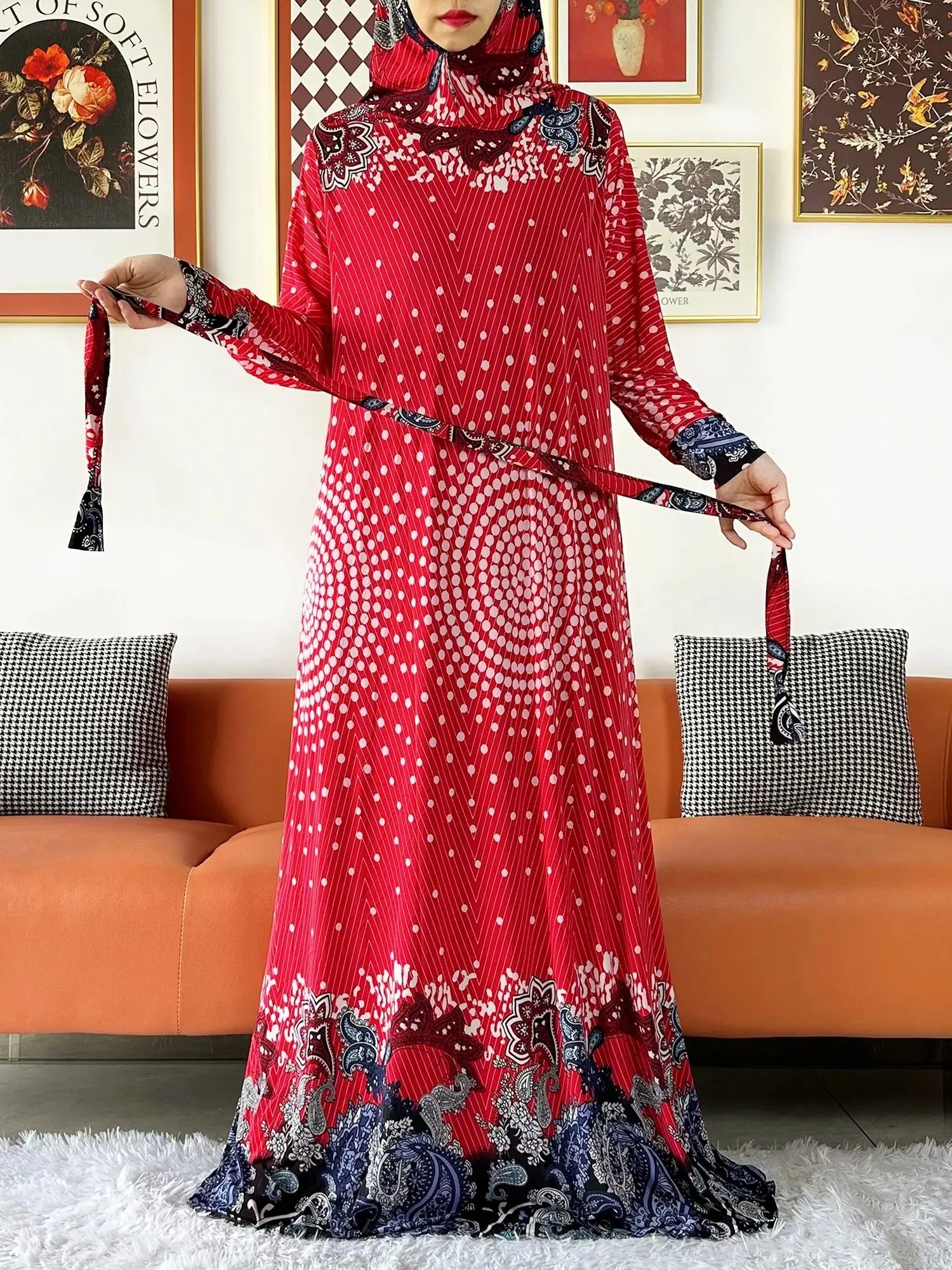 2025 Floral Ramadan Muslim Dress Solid Color Khimar Kaftan Abaya Robe with Attached Hijab Middle East Prayer Garment for Women - AMULET RING STORE