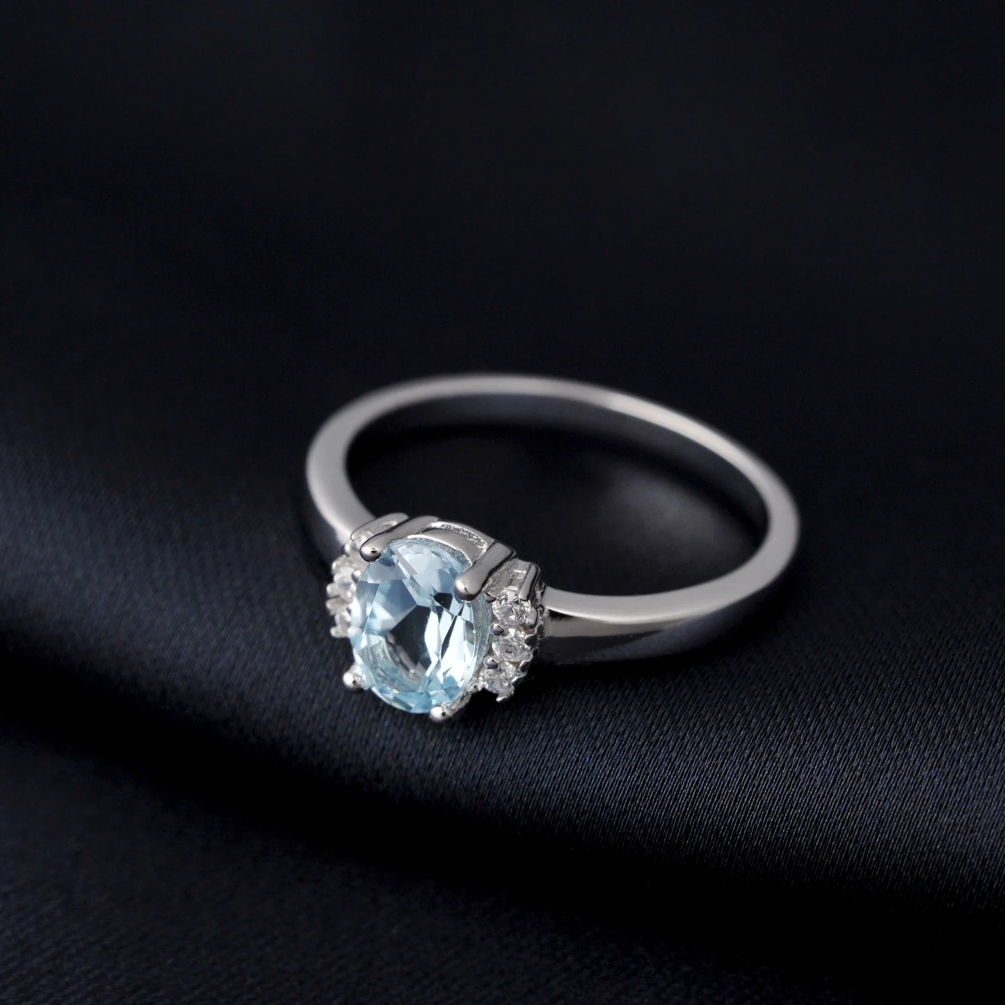 Potiy Natural Oval Shape Sky Blue Topaz Garnet Ring 925 Sterling Silver for Women Daily Wedding Party Jewelry