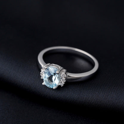 Potiy Natural Oval Shape Sky Blue Topaz Garnet Ring 925 Sterling Silver for Women Daily Wedding Party Jewelry