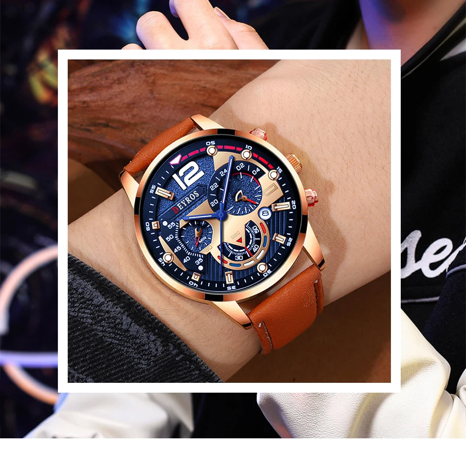 2PCS Set Fashion Mens Calendar Watches Luxury Male Business Casual Brown Leather Quartz Watch Men Bracelet Wrist Watch - AMULET RING STORE
