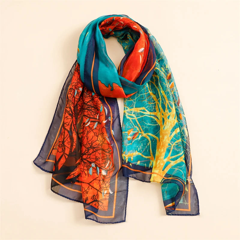 45*155cm Print Design Women Silk Scarf Shawl Elegant Headscarf Convinient Bandage Hijabs Chiffon Muslim Wrap Scarves - AMULET RING STORE