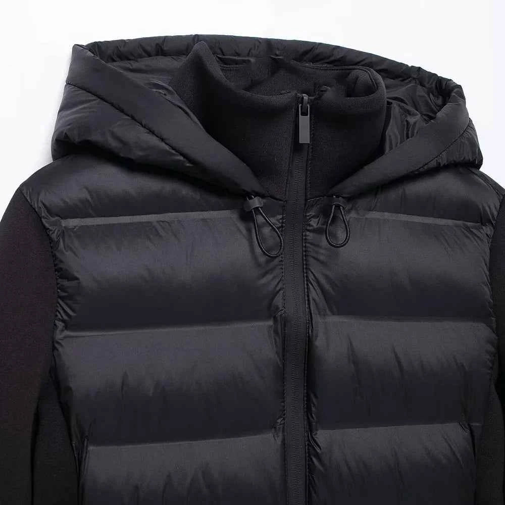 Hooded Patchwork Padded Jacket Coat with Pockets for Women, Long Sleeve, Front Zipper, Female Outerwear, Chic Tops, Fashion
