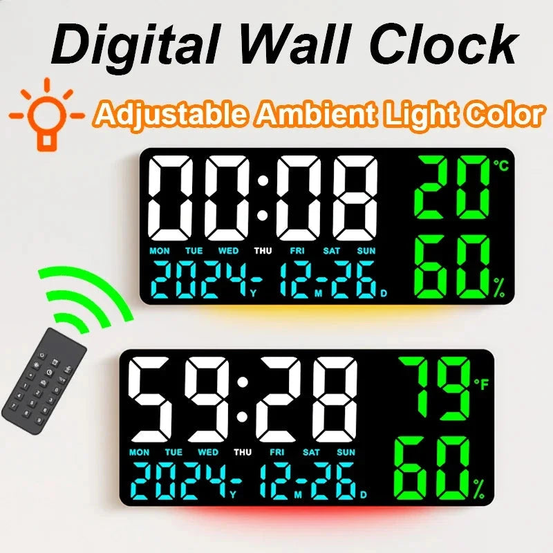 Digital Wall Clock with Atmosphere Lights Remote Control TEMP Humidity Display LED Large Table Clock Multifunctional Alarm Clock