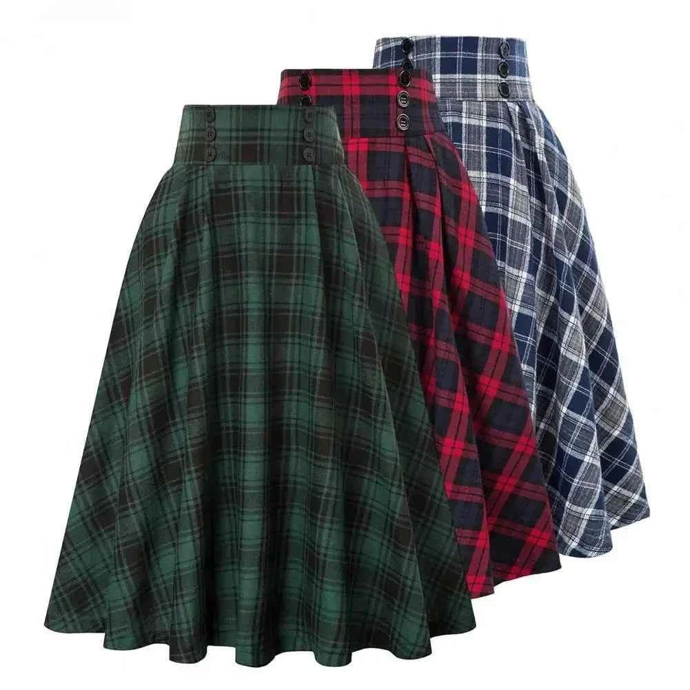 High Waist Plaid Swing Skirt Faionable Large Flounce Midi Skirt Women's Premium Clothing A-Line Silhouette Umbrella Skirt