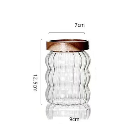 Wood Lid Striped Glass Storage Bottles Sealed Jar Tea Coffee Beans Grains Candy Jars Organizer Kitchen Food Glass Containers - AMULET RING STORE