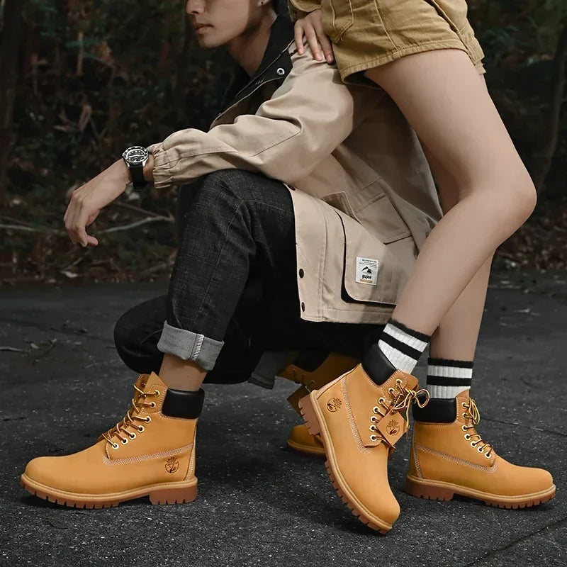 Boots Men High Top Boots High Quality Women Leather Shoes Fashion Outdoor Sneakers Men Lace Up Non-Slip Ankle Boots for Couple - AMULET RING STORE