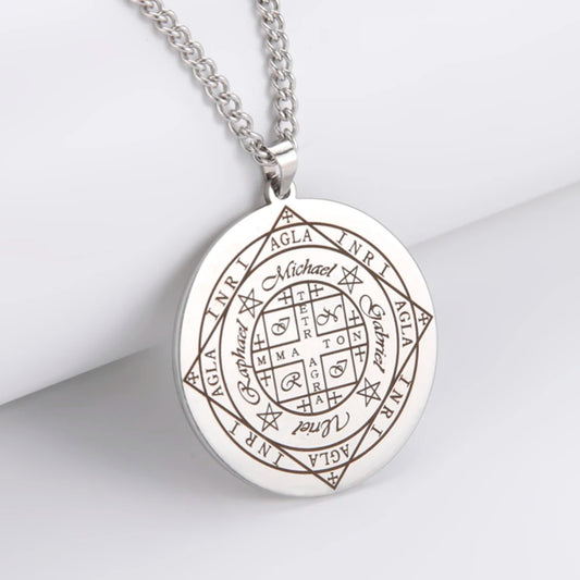 Dawapara Fortune Wheel AGLA INRI Stainless Steel Men Necklace