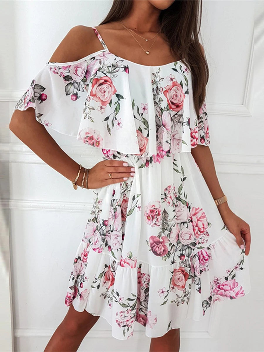 Woman Floral Print Dress Summer Spaghetti Strap Off Shoulder Sleeveless Dresses Holiday A-Line Mesh Fabric Party Dress Vestidos - AMULET RING STORE