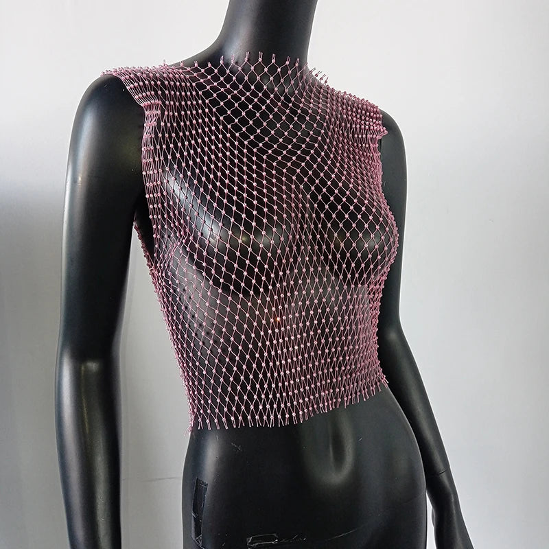 Women's Fishnet Rhinestone Crop Top 2024 Summer Sexy Mesh High Elastic Black White Shirt Net See Through Rave Diamond Tank Top - AMULET RING STORE