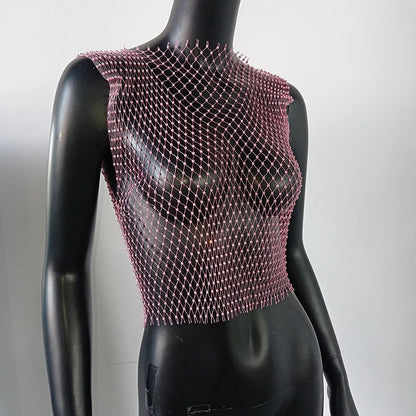 Women's Fishnet Rhinestone Crop Top 2024 Summer Sexy Mesh High Elastic Black White Shirt Net See Through Rave Diamond Tank Top - AMULET RING STORE