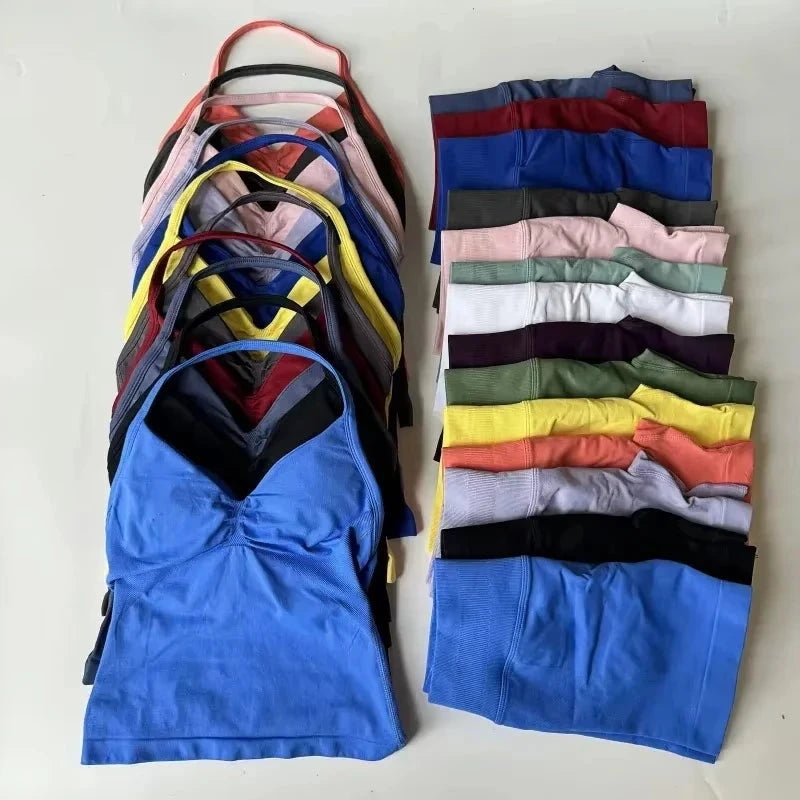 2PCS Yoga Gym Set Women Seamless Strappy Yoga Bra Top High Waist Workout Scrunch Shorts Sports Suit Fitness Clothes Sportswear