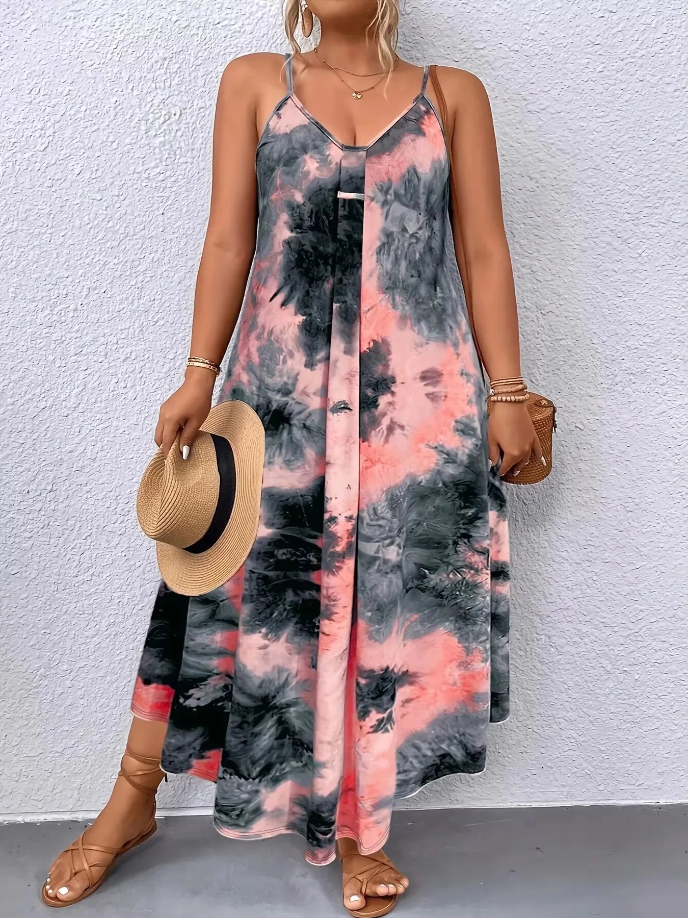 Elegant V-neck sleeveless dress for women in 2025, featuring abstract prints and pleated chest details - Lightweight and machine