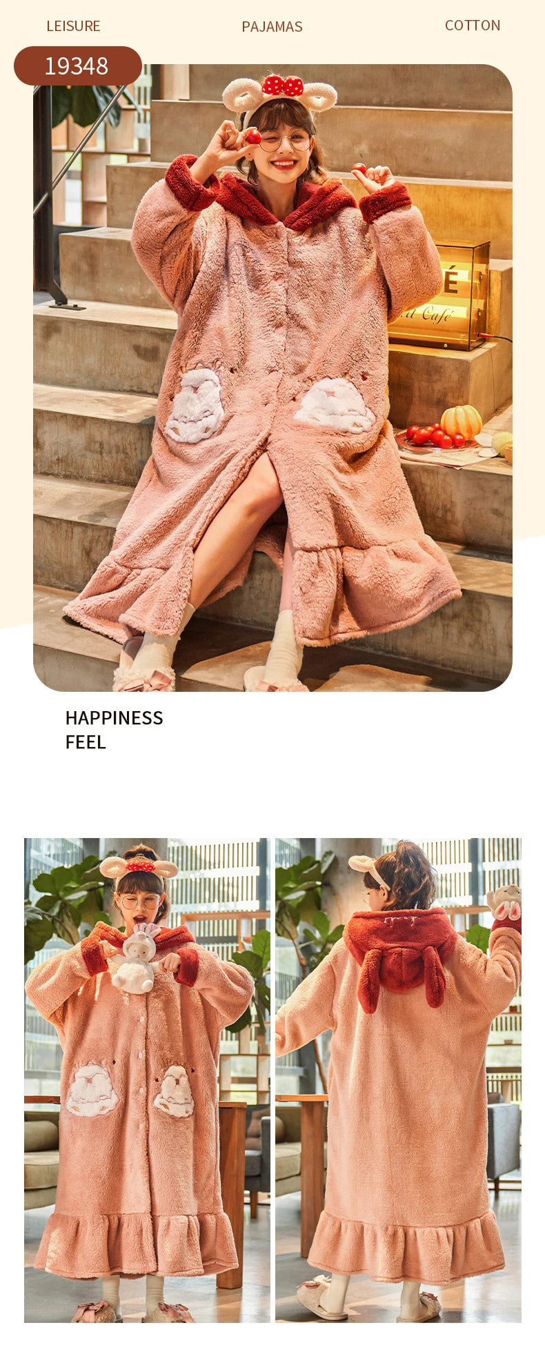 2024 Winter Pajamas For Women Cartoon Hooded Long Robe Strawberry Jacket Cute Home Wear Sleepwear Kawaii Flannel Warm Bathrobe - AMULET RING STORE