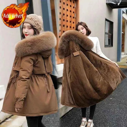2025 Winter Women's Parka Cotton Padded Coat Korean Style Mid Length Waist Cinching Thickened for Cold Suitable for Short Girls