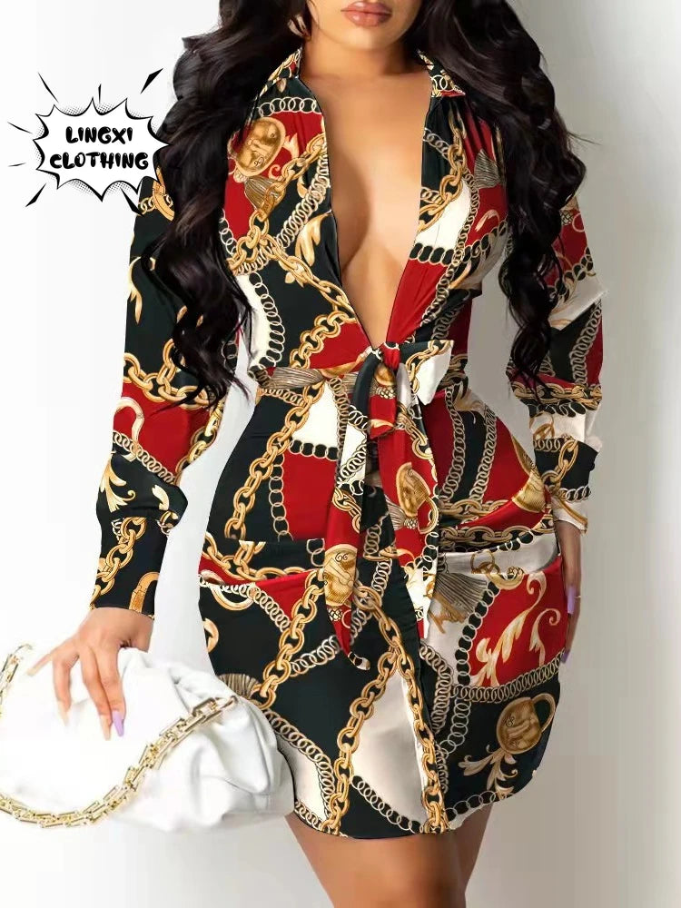 2023 New Women's Professional Style Office Wrap Hip Elegant Dress Lapel Waist Tie Long Sleeve Mid Length Pullover Shirt Dress - AMULET RING STORE