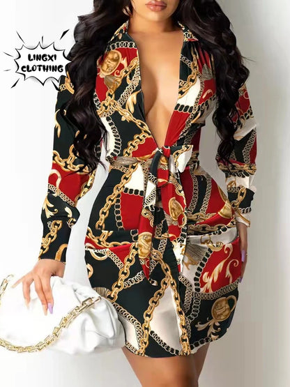 2023 New Women's Professional Style Office Wrap Hip Elegant Dress Lapel Waist Tie Long Sleeve Mid Length Pullover Shirt Dress - AMULET RING STORE