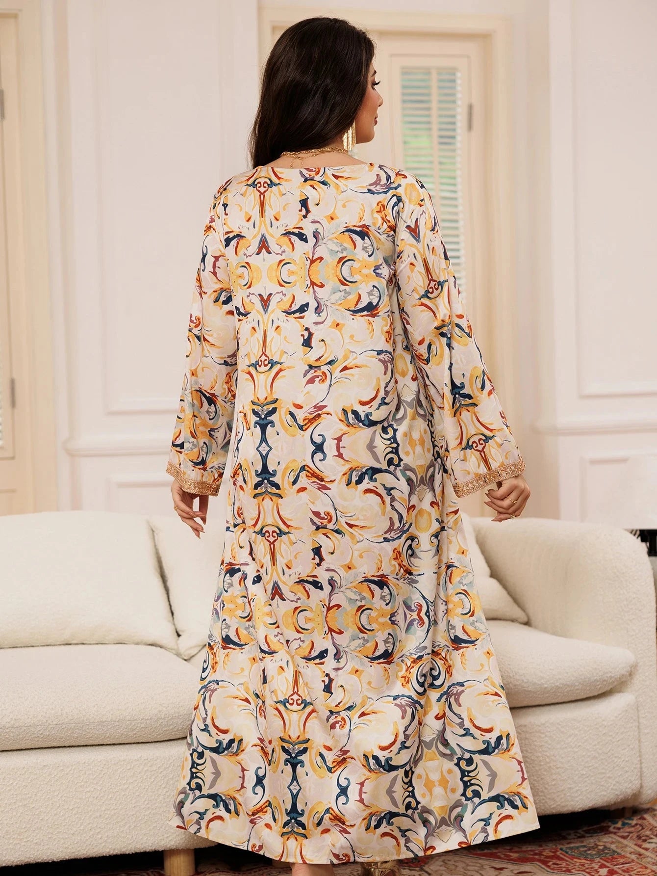 Women's Dress Multicolour Long Sleeve Printed Lace Patchwork Middle East Arabian Resort Style Maxi Dress Maxi Dress Simple - AMULET RING STORE