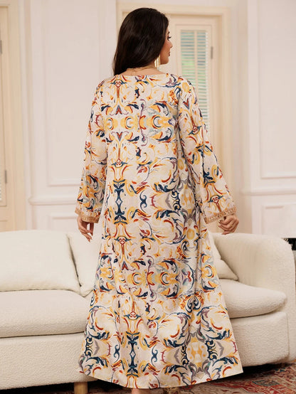 Women's Dress Multicolour Long Sleeve Printed Lace Patchwork Middle East Arabian Resort Style Maxi Dress Maxi Dress Simple - AMULET RING STORE