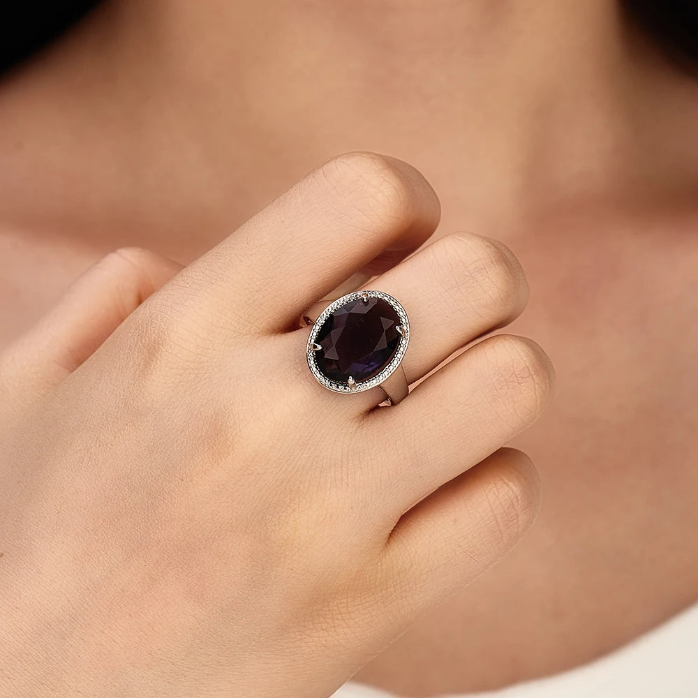 Women's S925 Silver Amethyst Ring - Exaggerated Egg Shaped Design