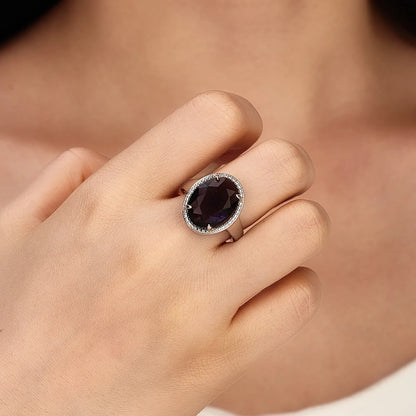 Women's S925 Silver Amethyst Ring - Exaggerated Egg Shaped Design