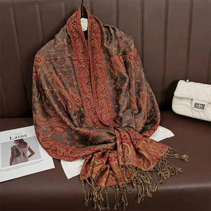 Women National Style Flower Pattern Scarf Jacquard Pashmina Cashmere Tassel Classic Shawl Coldproof Warm Neck Protection