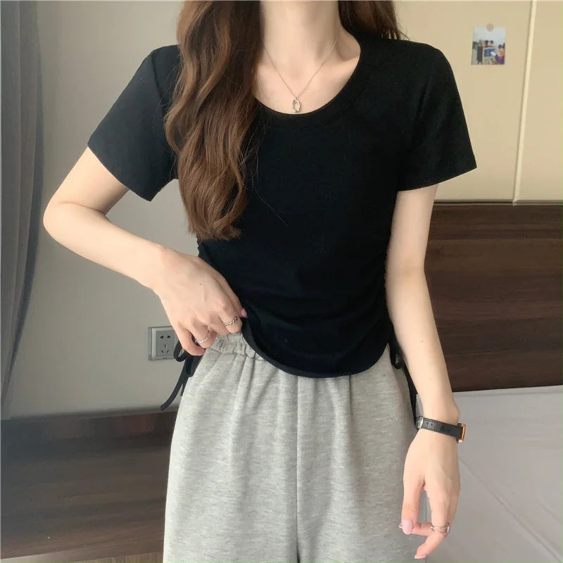 Drawstring Short Sleeve T-shirt Women Spring Summer Spicy Style Slim Fit Short Unique Top M L Xl 2XL Korean Casual Style - AMULET RING STORE