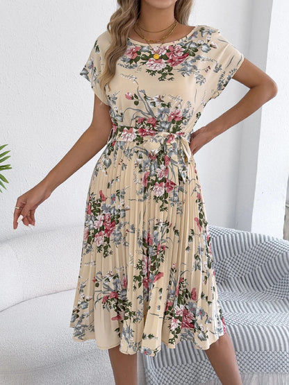 2025 Retro Floral Pattern Printed Dress Woman Elegant Spring Summer Round Neck Lace Up Short Sleeve Dress