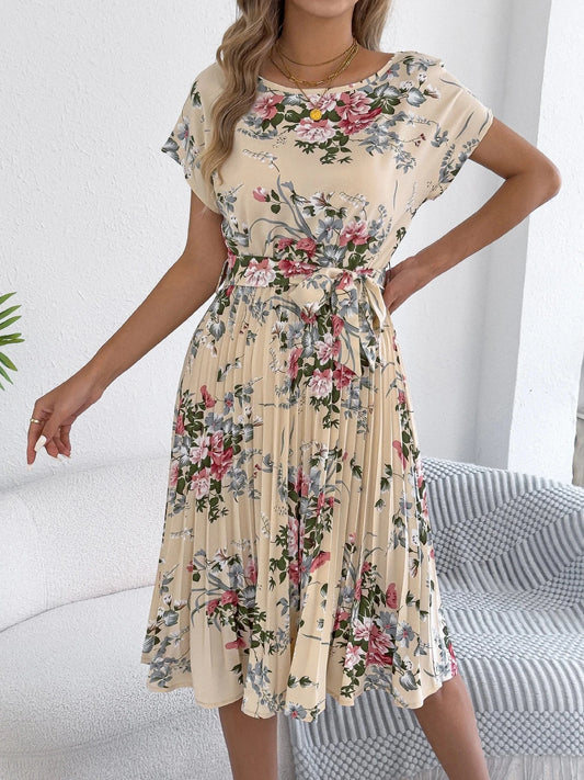 2025 Retro Floral Pattern Printed Dress Woman Elegant Spring Summer Round Neck Lace Up Short Sleeve Dress
