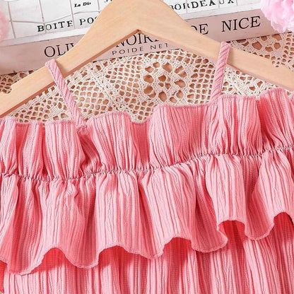 Girls Casual Dresses One-line Shoulder Strap Patchwork Lace Dress Kids Clothes Girls 8 To 12 Years Princess Dress for Girls