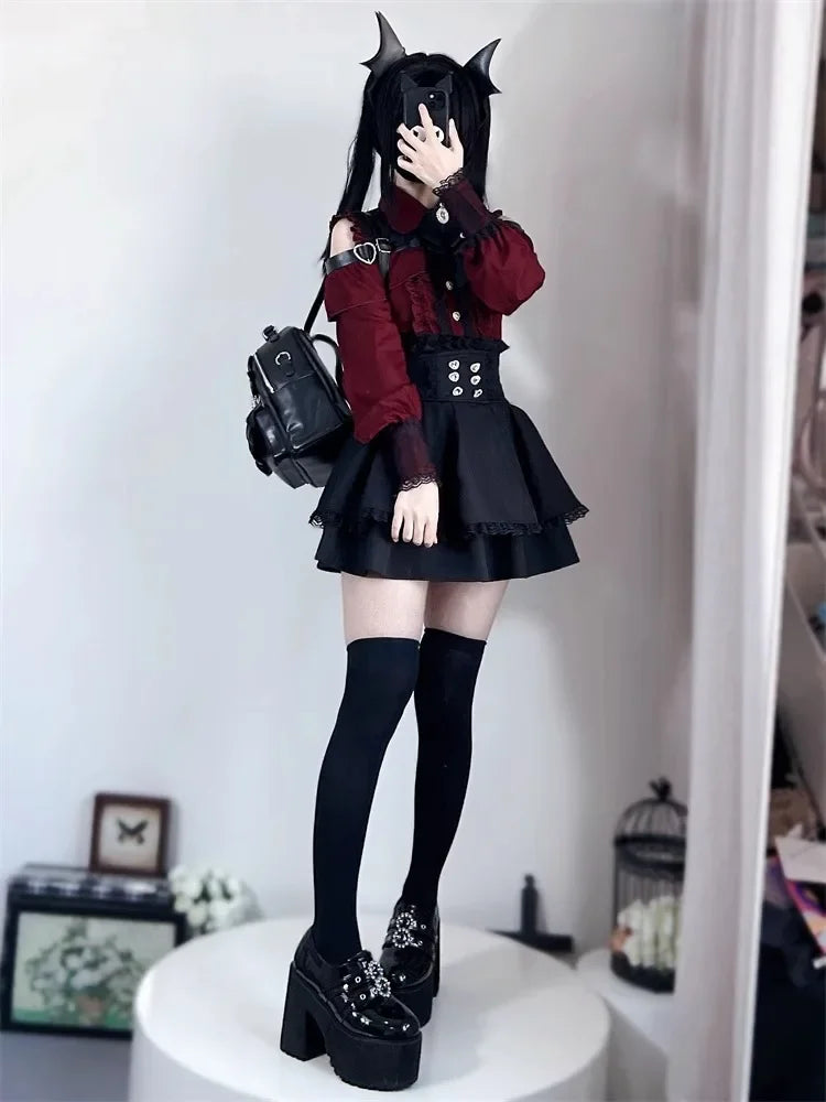 Sweet Gothic Lolita Two Piece Set, Off Shoulder Blouse + High Waist Skirt, Kawaii Tri-color Lace Coord Outfit for Women & Teens