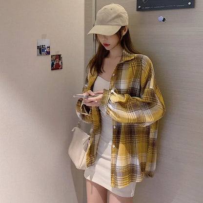 Plaid Shirt Women Spring Long Sleeve Top Female Vintage OL Fashion Single Breasted Blouse Ladies Preppy Style Loose Check Shirts