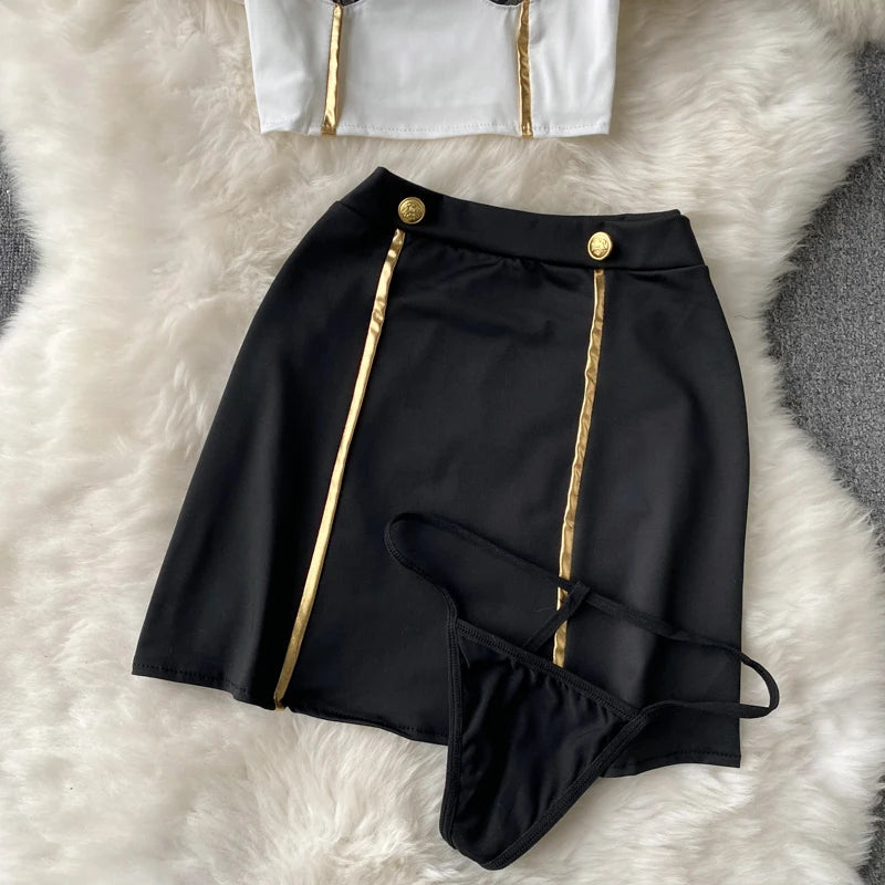 Women Sexy Hollow Skirts Suits Lace Patchwork Turn-down Collar Tops Mini Skirt Underpants 3 Pieces Erotic Pajamas Sets Cosplay - AMULET RING STORE