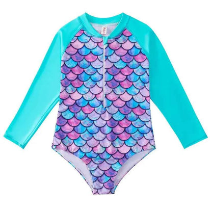 European American Style Mermaid Swimsuit Baby Girls Long Sleeves One-piece Swimsuit Hot Spring Fish Scale Kids Swimsuit 4-12Y - AMULET RING STORE