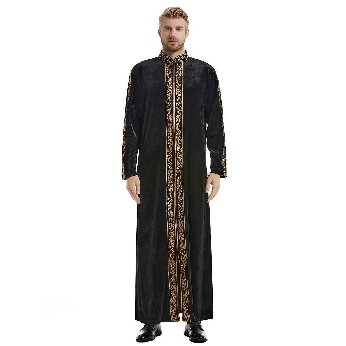 2025  Muslim golden velvet embroidered robe hui thickened embroidered famous thobe for men