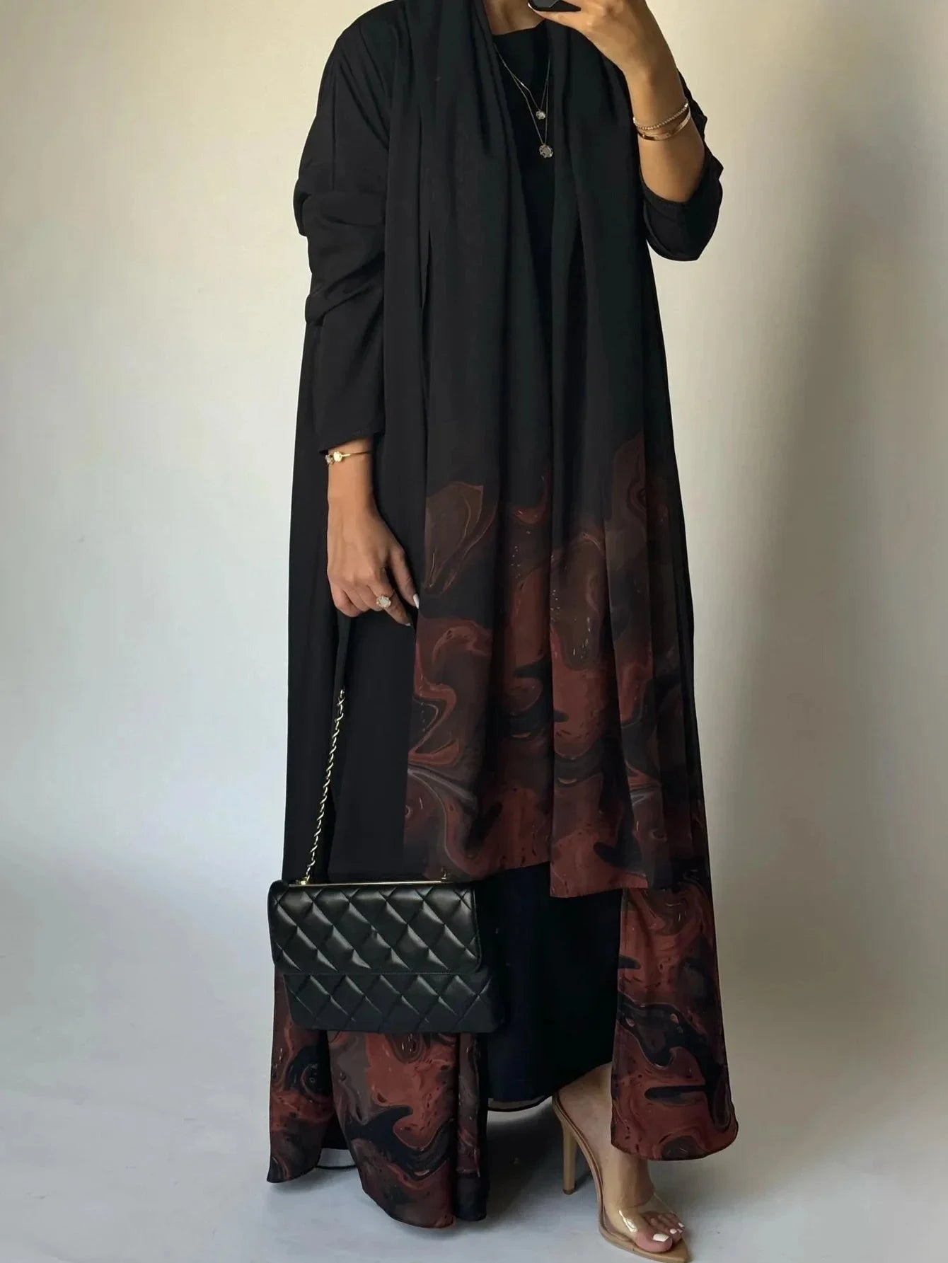 Middle Eastern Loose Open Front Abaya Muslim Women Full Sleeve Printed Abayas Turkey Kaftans Jilbabs Islamic Maxi Dresses - AMULET RING STORE