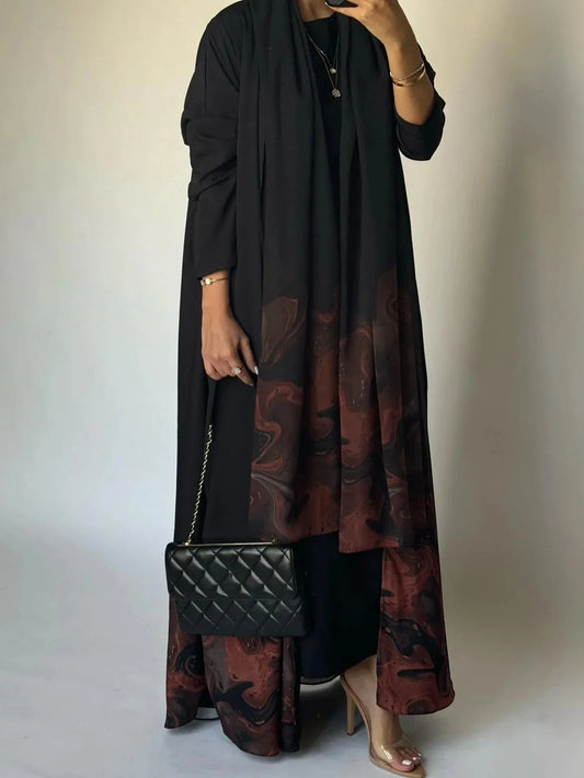 Middle Eastern Loose Open Front Abaya Muslim Women Full Sleeve Printed Abayas Turkey Kaftans Jilbabs Islamic Maxi Dresses - AMULET RING STORE