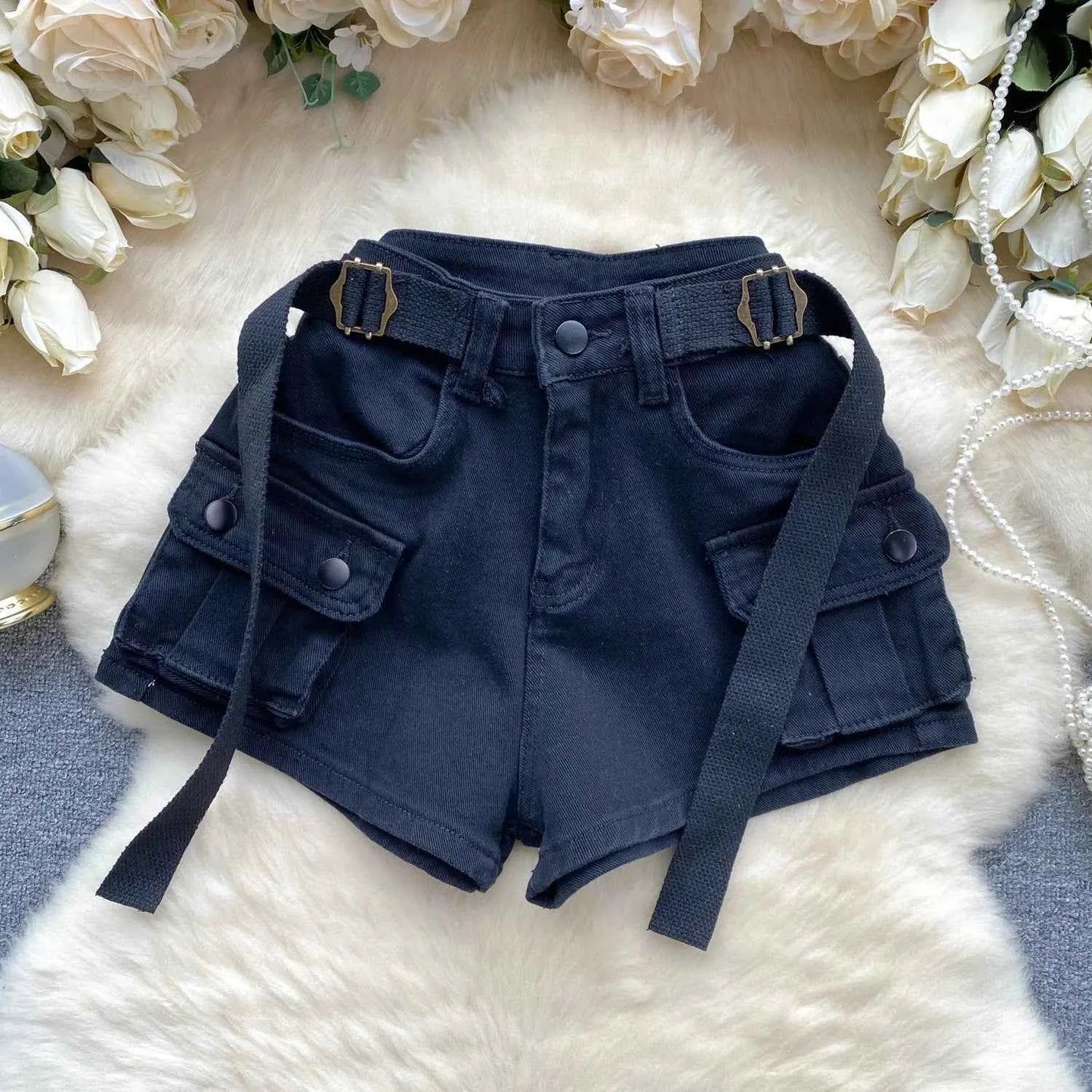 Women's Summer High Waisted Stretchy Denim Shorts Korean Cargo Style Slim Fit Ultra Short Hot Pants with Large Pockets for Dance