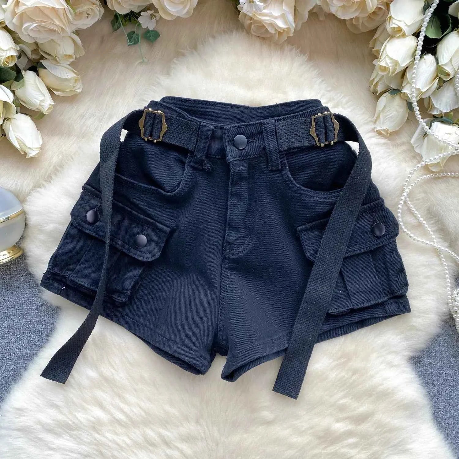 Women's Summer High Waisted Stretchy Denim Shorts Korean Cargo Style Slim Fit Ultra Short Hot Pants with Large Pockets for Dance