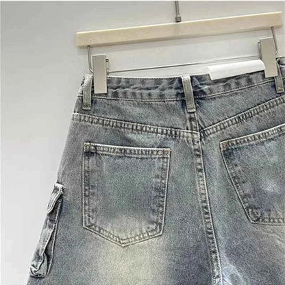 Streetwear American Vintage Heavy Industry Washed Holes and Burrs Denim Shorts Y2 Gothic Old Multi-pocket Casual Joker Pants