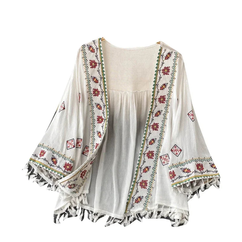 Summer Women's Shirt Bohemian Holiday Style Embroidered Tassel Chiffon Cardigan New Waist Female Slim Short Tops - AMULET RING STORE