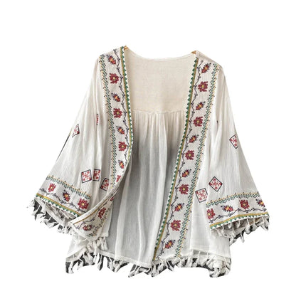 Summer Women's Shirt Bohemian Holiday Style Embroidered Tassel Chiffon Cardigan New Waist Female Slim Short Tops - AMULET RING STORE