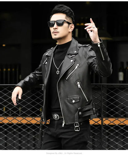 Spring Autumn Short Cool Black Leather Biker Jacket Men Zipper Long Sleeve Belt Plus Size European Fashion brand leather jackets