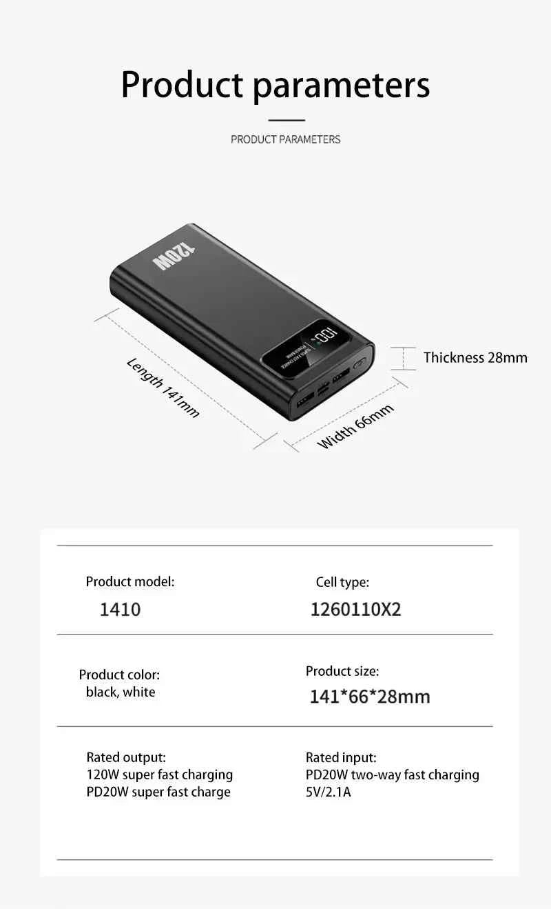 VIVO 200000mAh LED Digital Display Power Bank High Capacity 120W Super Fast Charging Portable External Battery For IPhone New