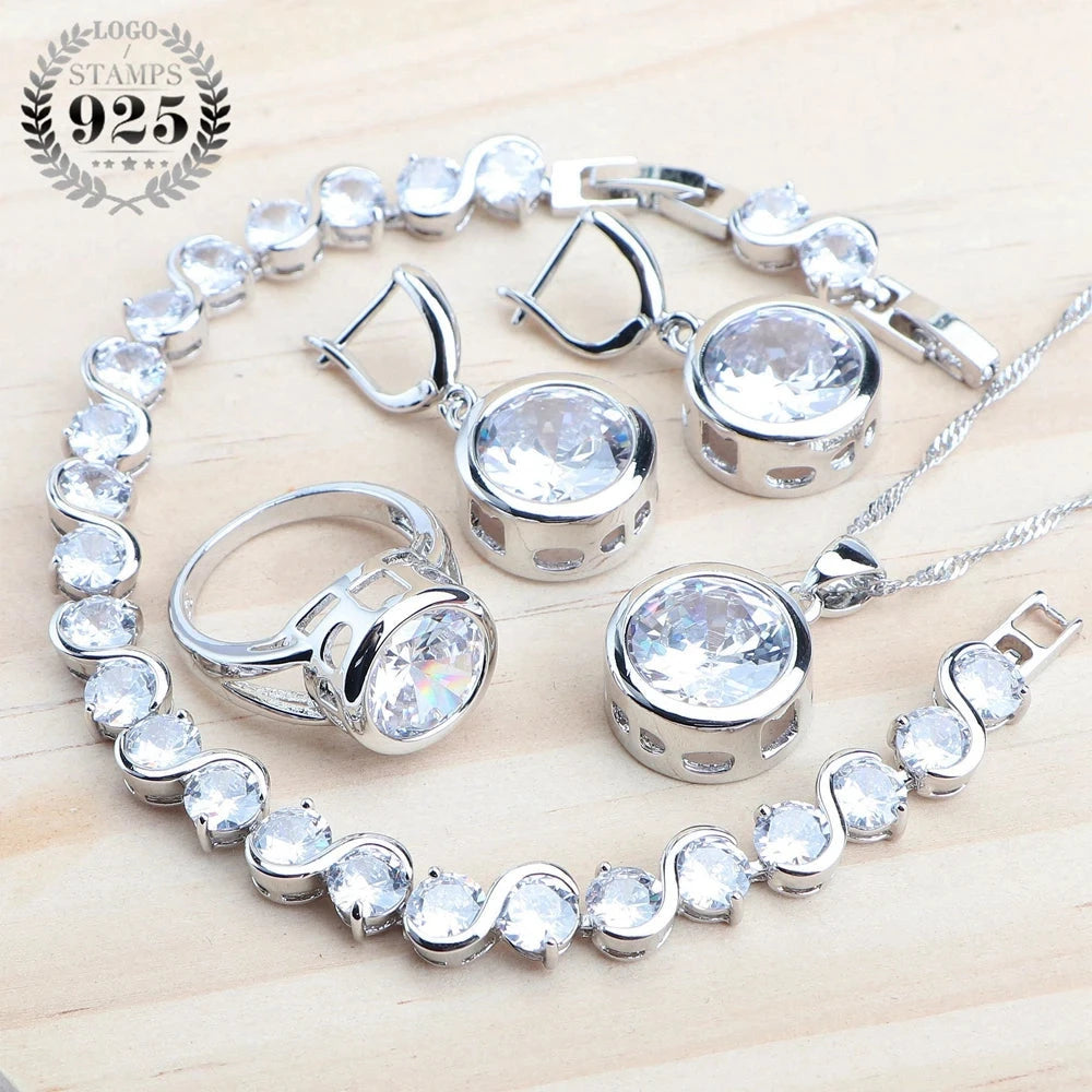 925 Sterling Silver Jewelry Sets Bridal Women Natural Magic Rainbow Zircon Earrings Ring Bracelets Pendant Wedding Necklace Set - AMULET RING STORE