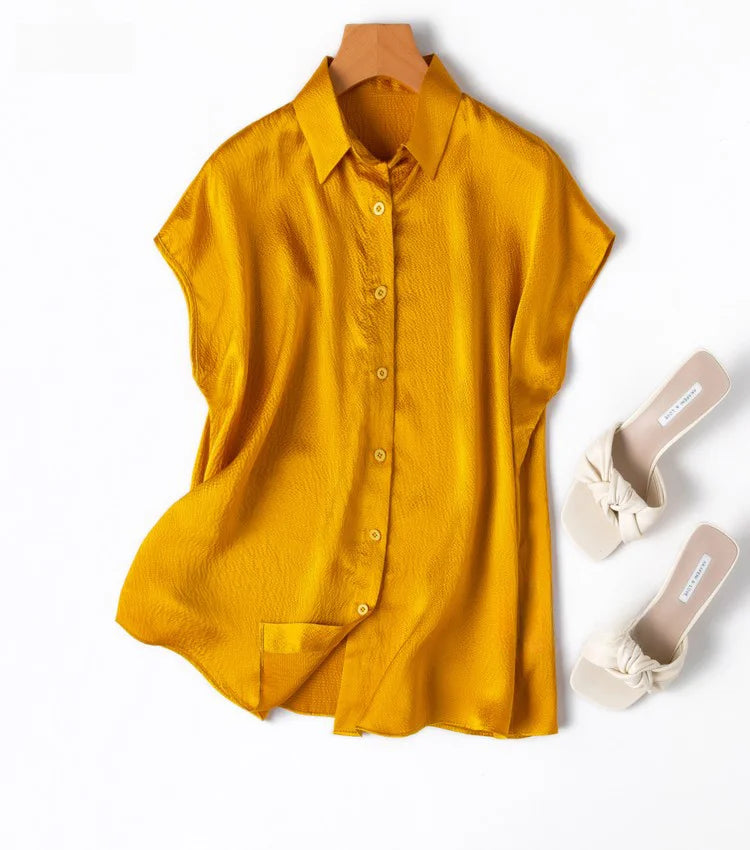 Women 100% Mulberry Silk 20 momme Heavy Silk Peacock Blue Collared Short Sleeve Buttons Down Shirt Top Blouse office work MM567