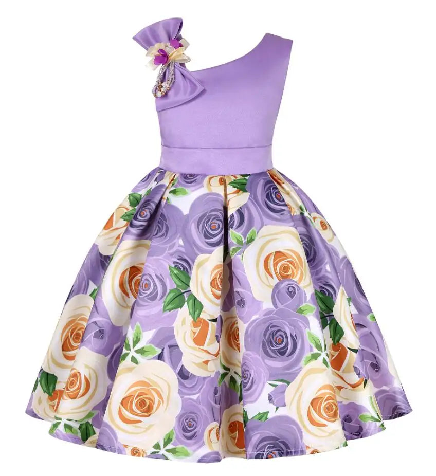 Summer Girls Rose Print Dress Princess Wedding Birthday Party Frocks Satin Children Vestidos Dresses For Girl Christmas Clothing